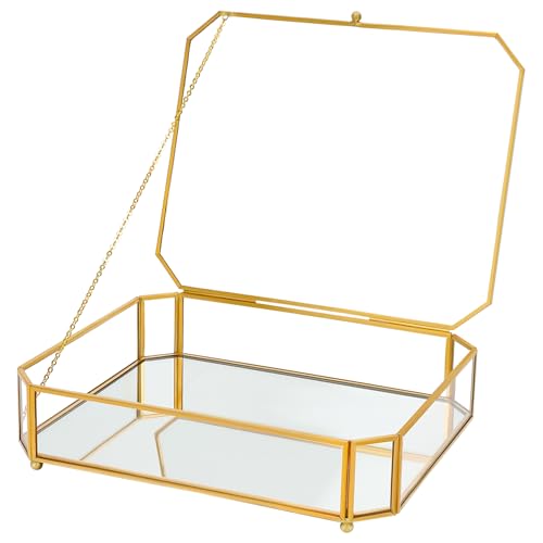 REDHUGO Large Glass Boxes for Display Handmade Mirrored Bottom Glass Jewelry Box with Lid Trinket Box Book Photo Keepsake Organizer Display Case for Vanity Decor Home Dresser Octagon Gold