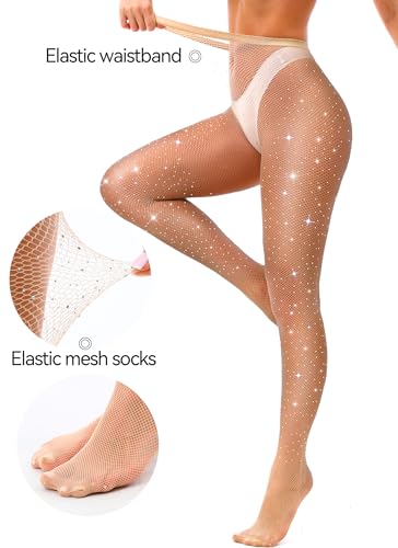 VEBZIN Sexy Sparkly Fishnets Stockings Jeweled High Waist Fishnet Tights for Women Rhinestone Party Pantyhose4