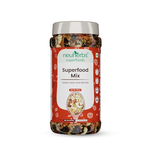 Image of Neuherbs Superfood Mix with Seeds, Nuts & Berries | Unroasted Pumpkin Seeds, Sunflower, Cashew Nuts, Almonds, Pistachios, Blueberries, Flax Seeds | Rich in Protein & Vitamin E - 200g