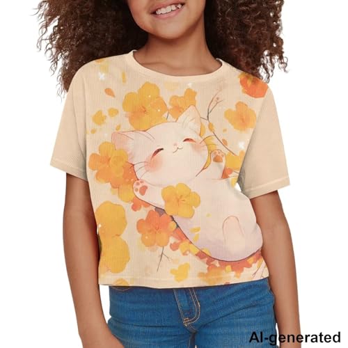 Image of Cute Crop Tops for Girls Short Sleeve Summer T Shirts Fashion Graphic Tees Crew Neck Pullover Tee 5-14 Years