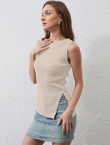 Image of Women Asymmetrical Button Sweater Vest Sleeveless Side Split Rib Knit Slim Fit Sweater Tank Top Summer Pullover Top
