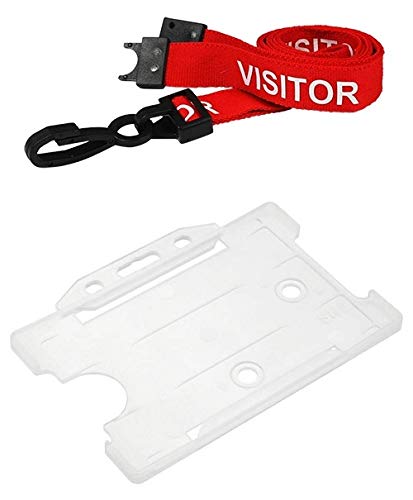 Identity-Plus: Red Pre-Printed Visitor Lanyard (Plastic J Clip, Safety Breakaway Point) with Clear Landscape ID Card Holder (25)