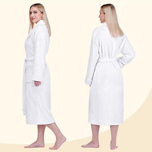 Image of PAVILIA Women's Plush Fleece Robe, Soft Cozy Long Bathrobe with Satin Waffle Trim, Warm Lightweight, Pockets & Tie Belt