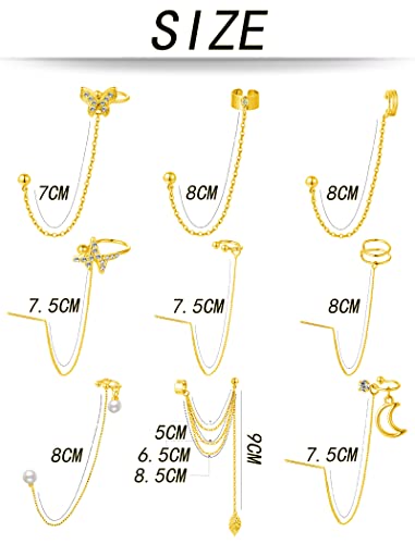 Fxiqini 9PCS Cuff Earrings Chain Butterfly Moon Small Hoop Wrap Leaf Tassel Ear Stud Long Chain Adjustable Ear Clip Drop Dangle Earrings for Women Girls - Image 3