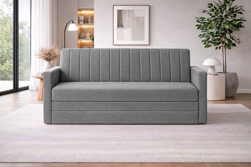 Image of Rosebell Foldable Sofa-Cum-Bed | Three-in-One Convertible Couch with Armrest | Modern Velvet Fabric Sofa for Living Room, Bedroom & Office-Grey-Color