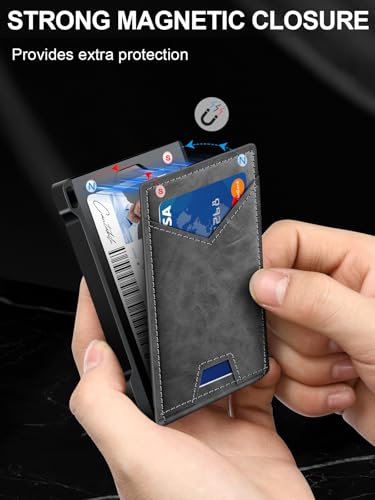 Image of Wallet for Men RFID Wallet with 2 ID Windows & Money Clip, Slim Card Holder | 10-12 Cards Bifold Minimalist Smart Pop Up Wallet for Front Pocket Compact Metal Credit Card Holder Birthday Gifts for Men