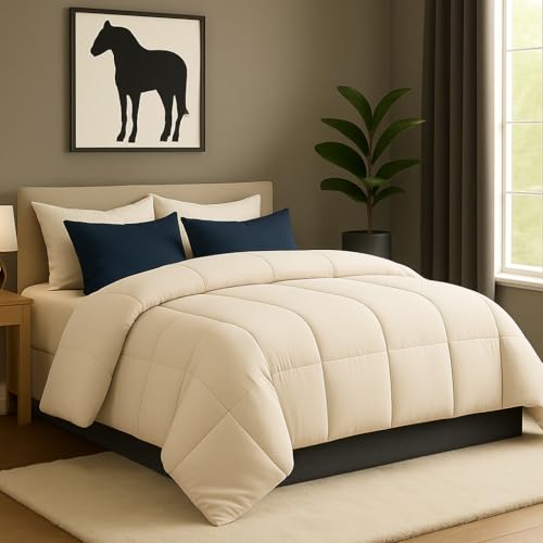Image of Bed Comforter Single Size - Ivory - 300 GSM Quilt Blanket Rajai - Winter Warm Down Alternative Duvet Insert with Corner Ties