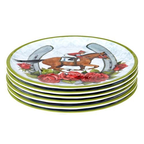 Derby Day at the Races Set of 6 Melamine Salad Plates – Add festive flair to your Derby Day celebration with 6 durable melamine salad plates featuring colorful racing silks, horseshoes, and charm. - Image 6