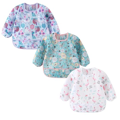 Image of ElecMotive 3 Pack Long Sleeve Bib,Baby Smock for Eating 6-30 Months Reusable Shirt Bibs for Babies Toddler