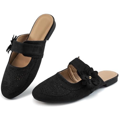Aomigoct Mules for Woman Flats Comfortable: Black 9 Round Toe Slip On Womens Mules Casual Fashion Work Shoes