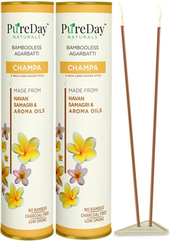PureDay Bambooless Agarbatti | Pack of 2 | 160 Dhoop Sticks | Champa | Made with Havan Samagri & Aroma Oils | Free Ceramic Stand