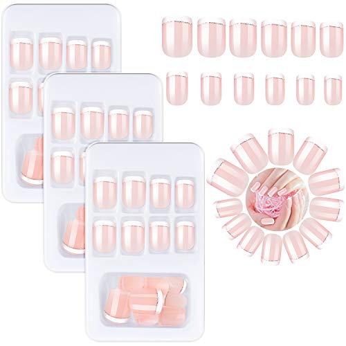 72 Pieces French False Nails Glitter False Fingernails Silver Line Press on Nail Short Medium Fake Acrylic Nail with Nail Files, Stick Full Cover for Nail Decoration, 3 Boxes (Light Pink)