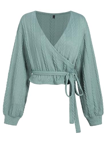 Image of ZAFUL Women's V Neck Sweater Lantern Long Sleeve Pullover Cable Knit Cross Crop Top Casual Tie Wrap Tunic Jumper Blouses