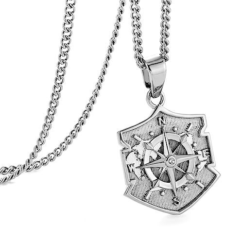 murtoo Collar de brújula para hombre, de acero inoxidable, collar de plata y oro, grabado 3D, brújula con mapa del mundo, regalos para hombres y mujeres, unisex, 20"+2", Acero inoxidable