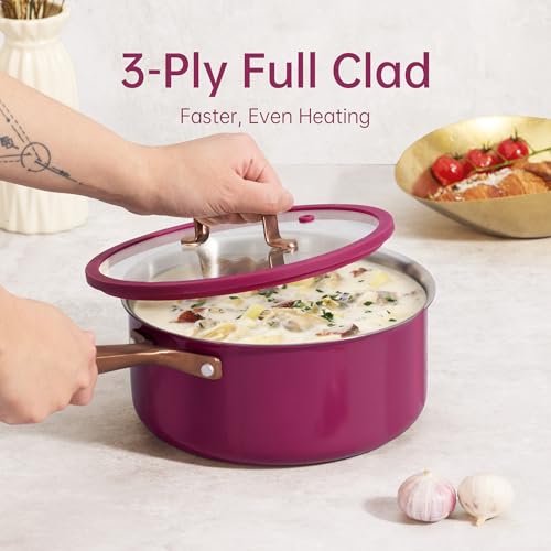 Image of CAROTE 1.5Qt & 3.0Qt Stainless Steel Saucepan Set with Steamer & Ladle, Non-Toxic 3-Ply Stainless Steel Pot with Lids, Small Pots for Cooking, Oven Safe, Induction Compatible Cookware, Purple