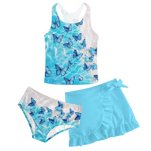 Image of Girls Swimsuits 3 Piece Tankini Bathing Suit Set Cute Bikini Swimwear with Cover Ups Beach Skirt 5-16 Years