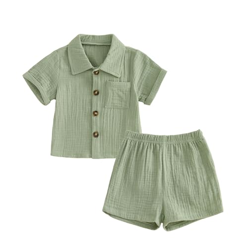 Image of Baby Boys Clothes Set Toddler Infant Boys Button-down Shirt Tops + Cotton Gauze Shorts Summer Outfit 2PCS with Pockets