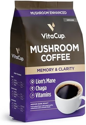 VitaCup Mushroom Coffee Grounds, with Lions Mane for Memory & Clarity, 10oz