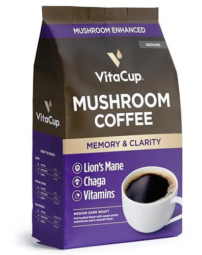 VitaCup Focus Ground Mushroom Coffee with Lions Mane, Chaga, & Vitamins for Immune Support & Focus, Drip Coffee Brewers and French Press, 10 Ounces