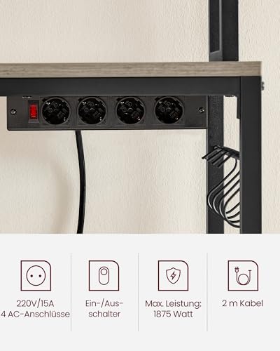 VASAGLE Küchenregal, Standregal mit Steckdosen, Mikrowellen-Regal, mit Gitterplatte, 14 Haken, 40 x 80 x 170 cm, Greige-schwarz KKS025B02EU