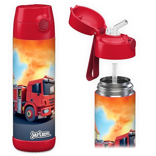 JARLSON kids water bottle with straw - CHARLI - insulated stainless steel water bottle - thermos - girls/boys (Fire Engine Red, 18 oz)