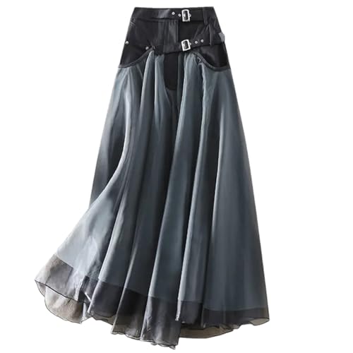 Women Vintage Black A-Line Skirt Tulle Patchwork Mesh Bohemian Loose Midi Party Skirts