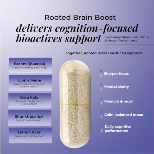 Image of Rooted Brain Boost - 6-in-1 Advanced Nootropic with Brahmi, Lion's Mane & Ayurvedic Herbs | Supports Focus, Memory, Mental Clarity & Stress Balance | Standardized Extracts | 60 Veg Capsules