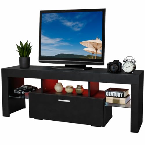 guiogc Modern Black LED Entertainment Center with Storage Shelves, TV Stand for Up to 55 Inch TVs, Minimalist Living Room Furniture