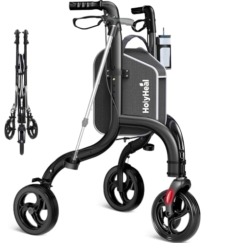 HolyHeal 3 Wheel Walkers for Seniors Lightweight Rollator Walkers Foldable for Elderly with Cane Hold and Cup Hold Height Adjustable Aluminum Three Wheel Rolling Walker Mobility Aid Black