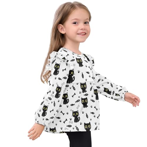 Black Cat Footprint with Fishes Girls Shirts Cotton Long Sleeve Ruffle Toddler Tee Tops 5
