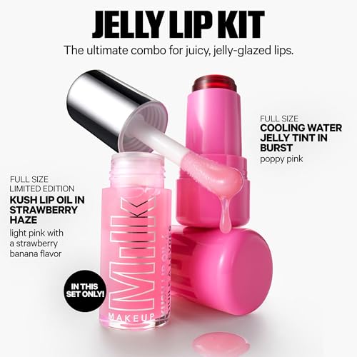 Image of Milk Makeup Cooling Water Jelly Tint + KUSH Lip Oil Full Size Duo - Jelly Blush + Lip Stain and Sheer Gloss with High-Shine Finish - Burst (Poppy Pink) 0.17oz + Strawberry Haze (Light Pink) 0.18oz