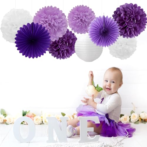 Image of Purple White Birthday Party-Decorations Paper-Flowers - 14pcs Happy Banner Lavender Lanterns Tissue Pom Poms,Lilac Streamers Garland Fans,Women Girls Adult Kids Office Hanging Supplies Decor Hugfond