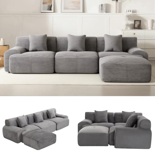 Image of 107 inch Cloud Modular Sectional Couch,Boneless Sofa with Ottman,L-Shape Upholstered Sofas with Deep Seat,Modern Cozy Corduroy Couches with Memory Foam,No Assembly Required (Dark Grey)