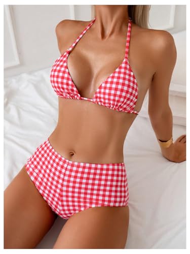 SweatyRocks Women's High Waisted Bikini Sets Plaid Halter String Swimsuits Two Piece Bathing Suit3