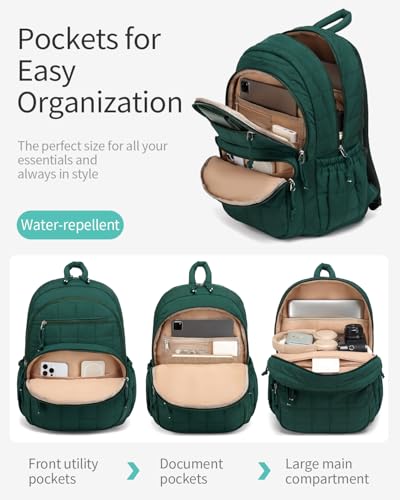 Image of Bookbag for Women, Teen Girls Backpack for High School College Student, Puffer Quilted Back Pack Cute Laptop Backpack for Work Travel Mom Casual Daypack, Dark Green