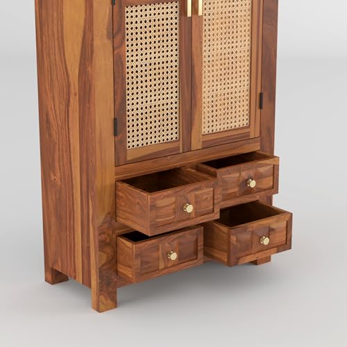 Image of PS DECOR Solid Sheesham Wood Book Shelf Cabinet with Cane Rattan Doors & 4 Drawers | Modern Wooden Bookshelf Storage Unit for Home Library, Living Room & Office (Honey Finish)