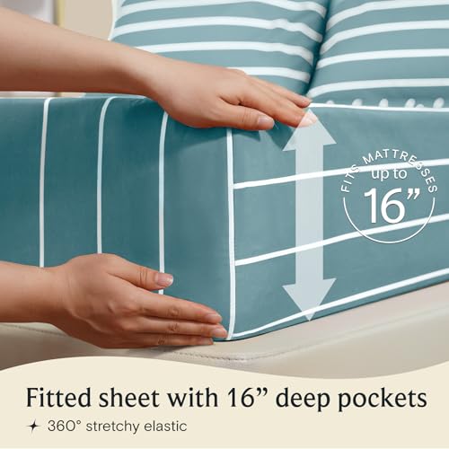 Image of LuxClub 4 PC Full Size Sheet Set, Breathable Luxury Bed Sheets, Deep Pockets 18 inch Wrinkle Free Cooling Machine Washable Hotel Bedding (Striped Light Blue)