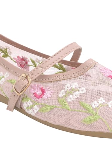 Image of Shoetopia Women'sFloral Embroidered Mary Jane Flats - Elegant Mesh Ballerinas with Adjustable Buckle Strap