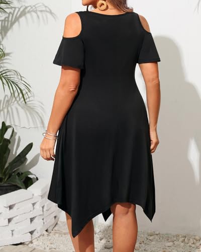 Pinup Fashion Plus Size Sundress - Summer Women Casual Cold Shoulder Handkerchief Hem Dress with Pockets2