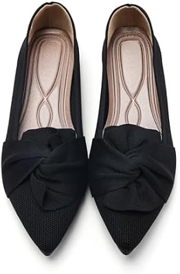 HIULYCENCE Women's Pointed Toe Ballet Flats - Comfortable Knit Dressy Shoes with Bow, Black US9
