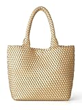 AUACDIY Woven Tote Bag for Women Fashion Woven Bags for Women Shoulder Bag Vegan Leather Handbags Large Work Travel Beach Tote Bags With Purse Golden