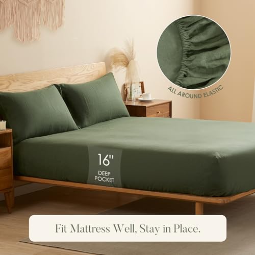 DAPU Pure Linen Sheets Set, 100% French Linen from Normandy, Breathable and Durable for Hot Sleepers, 4 Pcs Set - 1 Flat Sheet, 1 Fitted Sheet, 1 Pillowcase (Olive Green, King)