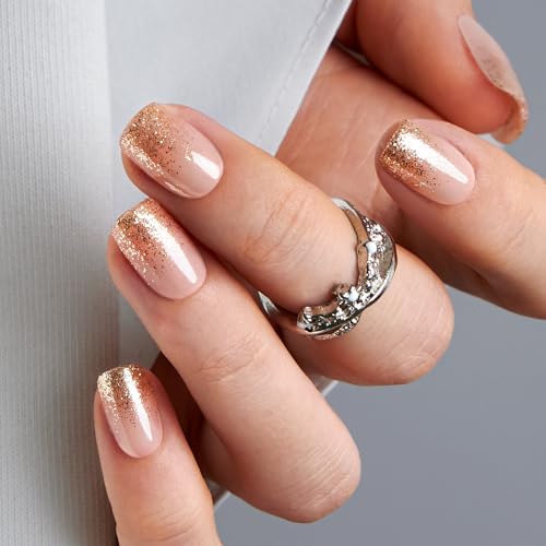 Image of Curvlife Press on Nails Acrylic Fake Nails with 30pcs Fluid Gold Short Square Design Full Cover False Nails for Women Reusable Nail Kit with Nail Glue Adhesive Tabs