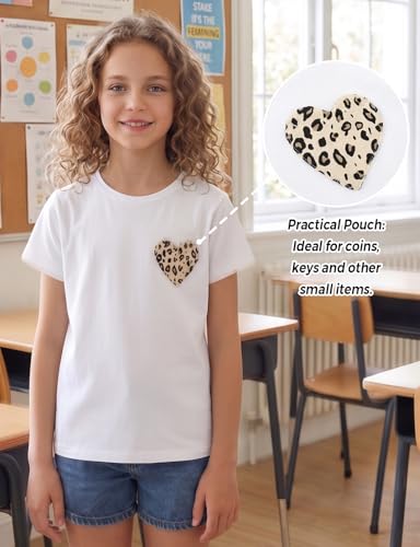 Image of Noomelfish Girls Short Sleeve Heart Pocket T-Shirts Casual Cotton Tee Tops Blouse (5-12 Years)
