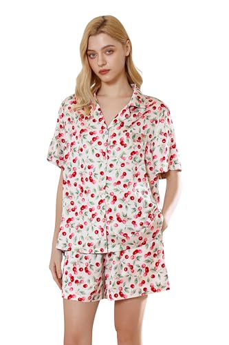 Image of YiNi LuLu Womens Silk Satin Shorts Pajamas Set Button Down 2 Piece Pjs Short Sleeve Oversized Sleepwear with Pockets