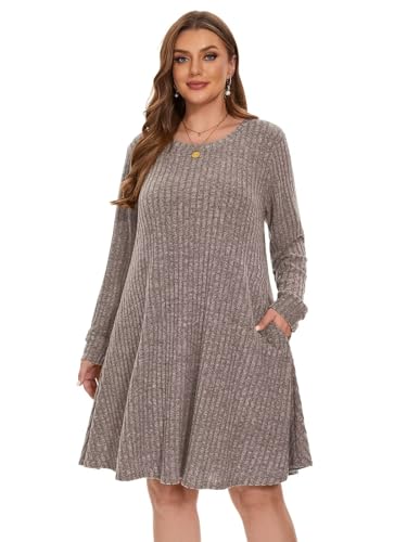 BELAROI Sweater Dress Plus Size Long Sleeve Ribbed Knit Crew Neck Casual Flowy Swing Tunic Pockets Dresses Fall Winter Oufits2