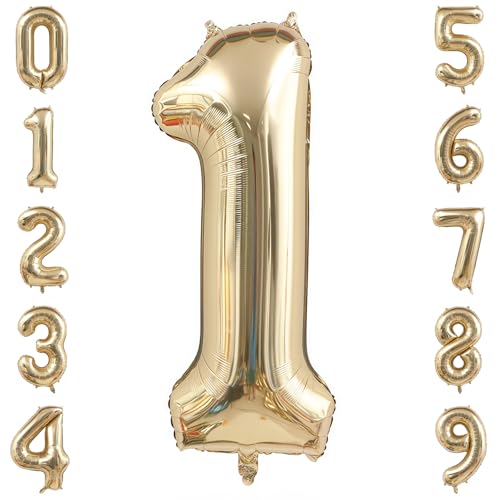 Image of Champagne Gold 1 Balloon Number,40 Inch Light Gold 1 Balloons Big Foil Mylar Helium Number 1 Balloon for Birthday Party Anniversary Decorations