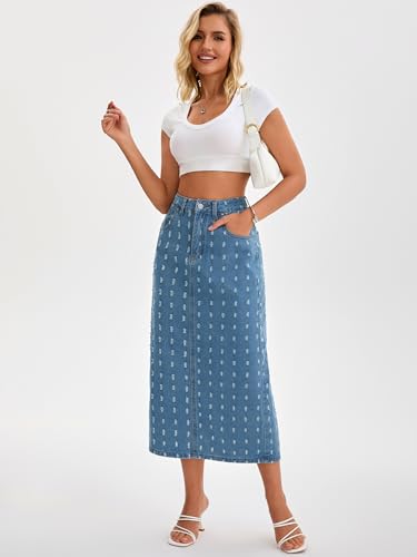Women Denim Midi Skirt High Waisted Swiss Dots Back Slit Casual Jean Column Skirt2