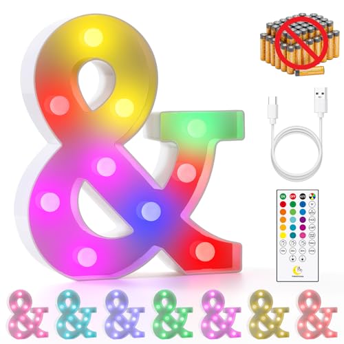 mooncow Rechargeable Light Up Letters,Colorful Marquee Letters with Remote,Gift Wrap Gifts,Bedroom Home Bar Party Decor (&)