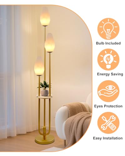 Image of Gold Floor Lamp with Tray, 3-Lights Dimmable Floor Lamps with Rock-Shaped Shade, Unique Candle Holder Style Modern Tall Standing Lamp with 5Lbs Heavy Base for Living Room /Party(Bulbs Included)